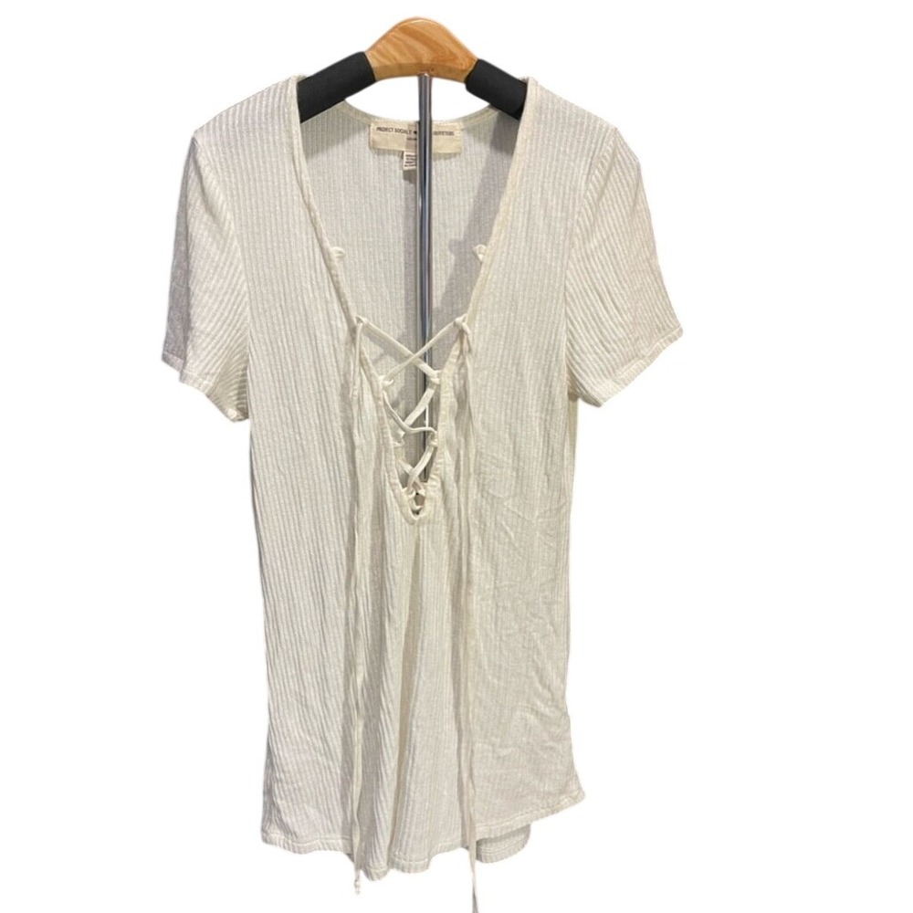 Project Social T Urban Outfitters White‎ Ribbed Lace Up V-Neck Top Small 2455-4U